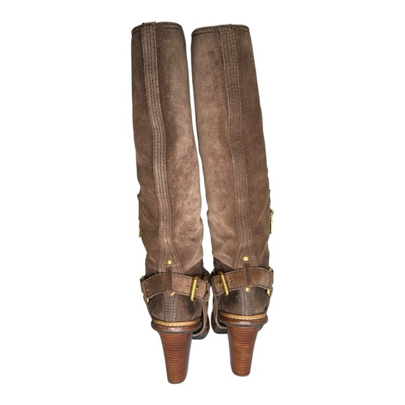 Rare PRADA Knee High Brown Suede Lug Sole Block Heel Harness Boots Size 7 - Picture 6 of 8